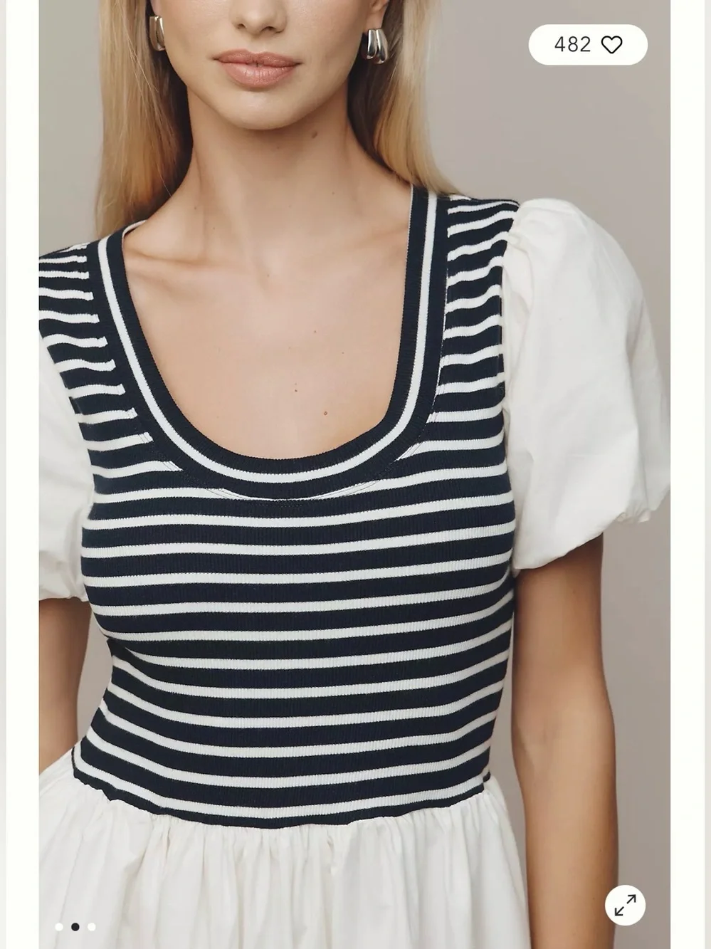 Maeve Striped Bodice Puff-Sleeve Midi Dress in White and Black - Picture 2 of 15